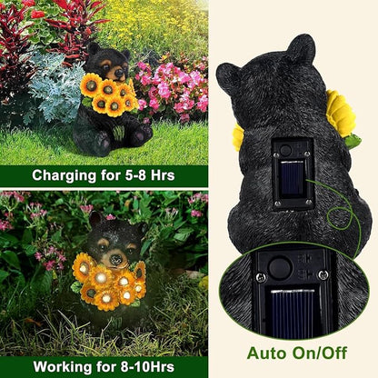 Solar Garden Lights Outdoor Statues Black Bear with Sunflowers, Sculpture Decor Mother Gifts for Women, Men or Daughter, Unique Garden Statues for Housewarming Gifts