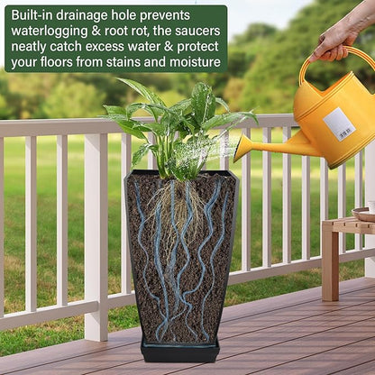 Neoaider Set of 2 Tall Planter, 21 inch Large Plastic Planter, Cement Gray | Ceramic-Look, Lightweight, Built-in Drain Hole, Saucers, Tall Outdoor Planter for Porch, Garden, Patio, Balcony