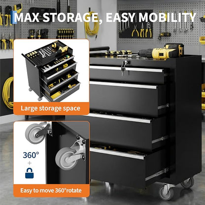 PeakPursuit 4-Drawers Rolling Tool Chest, Portable Tool Box with Wheels and Lock System, Secure Storage Cabinet for Warehouse, Workshop, and Repair Shop, Black