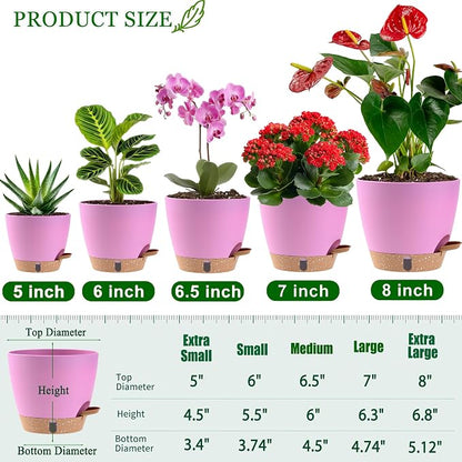 Self Watering Pots for Inoor Ourdoor Plants 8/7/6.5/6/5 Inch Plastic Planters with Drainage Holes & Water Level Indicator, Decorative House Flower Nursery Planting Pots with Saucers (Dusty Lavender)
