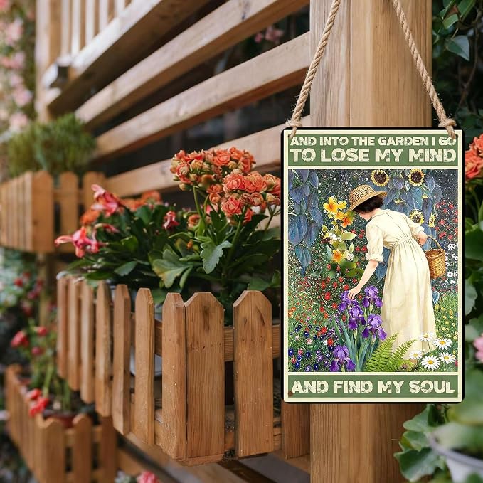 PEACHGARDEN Garden Signs and Into The Garden I Go Women's Gardening Gift Metal Sign Yard Wall Art Decor for Patio Porch Backyard 12x16 inch