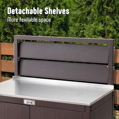 Feasto Outdoor Potting Bench Table with Storage Cabinet, Brown | Stainless Steel Garden Workstation, Raised-Edge Top, Adjustable Shelf & Removable Hutch, Patio, Balcony & Outdoor Workspace