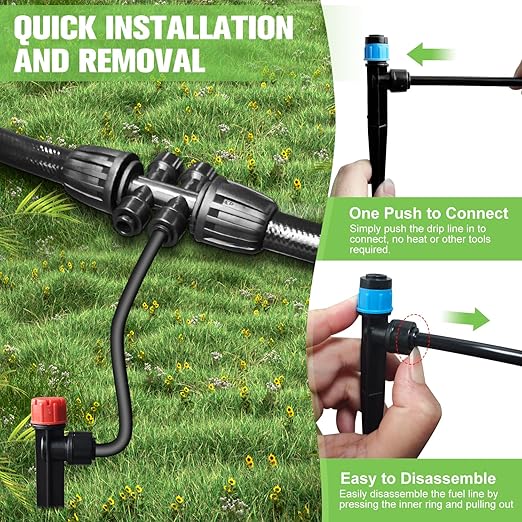 250FT Drip Irrigation System for Garden with 40 Nozzles & Emitters, Garden Watering System with 1/2" & 1/4" Tube and Barbed Fittings - Adjustable Sprinklers Kit for Greenhouse, Lawn, Raised Bed
