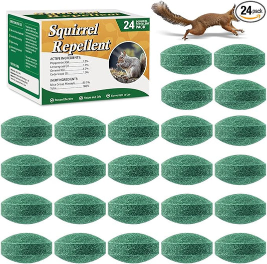 24 Pack Squirrel Repellent Outdoor Balls, Peppermint Oil Squirrel Deterrent Indoor & Outdoor Use for Attic, Car, Garage, Garden, Safe for Family & Pets