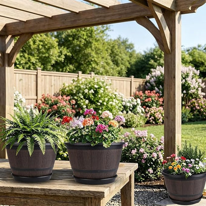 Myfeegoin 8-inch-Pots-for-Plant-Outdoor, 4 Pack Plastic Whiskey Barrel Planters Plant Pots with Drainage Hole & Saucer, Decorative Indoor Flower Pot for House Garden Porch