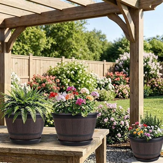 Myfeegoin 8-inch-Pots-for-Plant-Outdoor, 4 Pack Plastic Whiskey Barrel Planters Plant Pots with Drainage Hole & Saucer, Decorative Indoor Flower Pot for House Garden Porch