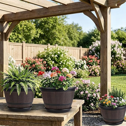 Myfeegoin 16-inch-Large-Pots-for-Plant-Outdoor, 4 Pack Plastic Whiskey Barrel Planters Plant Pots with Drainage Hole & Saucer, Decorative Indoor Flower Pot for House Garden Porch