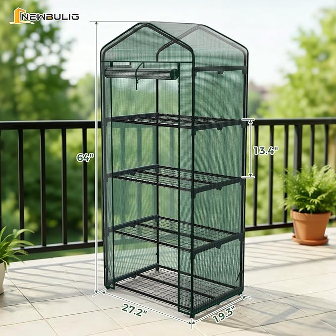 NEWBULIG Mini Greenhouse with Durable PE Cover Roll-up Zipper Door 4 Tier, 27"x19"x63" Small Greenhouse for Outdoors Indoor Balcony, Porch, Garden, Patio, Backyard Green Houses, Green