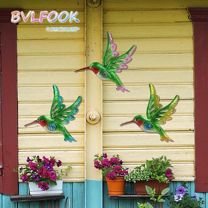 Metal Hummingbird Wall Decor, Wall Art Sculpture for Patio, interior decor | BVLFOOK; Great Indoor Outdoor Gift; Family decor; Set of 3, 9 Inch; Natural vibe