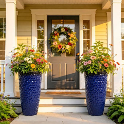 23.75" Cobalt Blue Plastic Tall Planters with Honeycomb Texture | Set of 2 PP tall planters with cobalt blue honeycomb texture, drainage plugs, and UV-treated finish for porch or patio