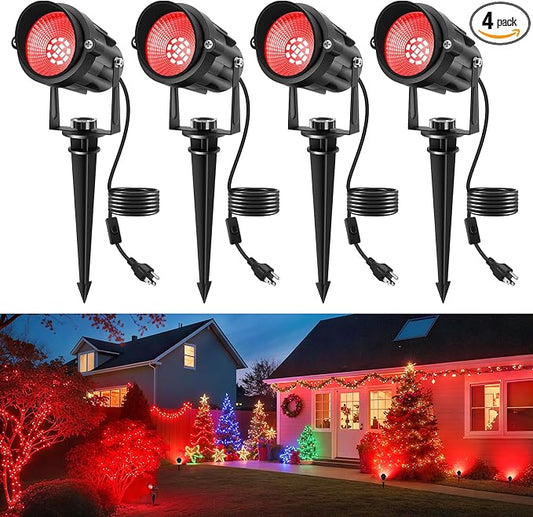 Red Landscape Lights Outdoor, 14 LED Landscape Lighting with US Plug, IP65 Waterproof Spotlights for Tree Yard Garden Pathway Halloween Christmas Decor 4 Pack
