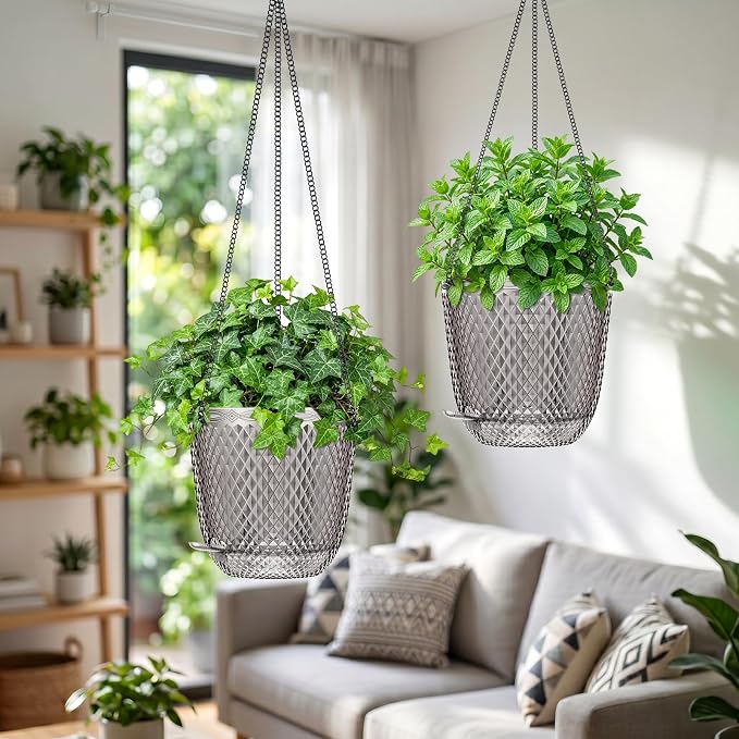 QCQHDU 7.2 Inch 2 Pack Hanging Planters for Indoor Outdoor Plants,Self Watering Flower Pots Hanging Basket,Plastic Plant Hanger with Drainage Holes and 3 Hooks for Window Porch Garden Balcony, (Grey)