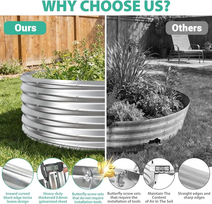 YSEJOMP 17" Tall 48" Diameter Round Raised Garden Bed Kits Outdoor Silver | Heavy Duty,Rustproof,Durable & Stylish,1.5 FT Tall,4FT Planter Bed,0.8MM Thick Galvanized Metal,with Gloves,Tool free