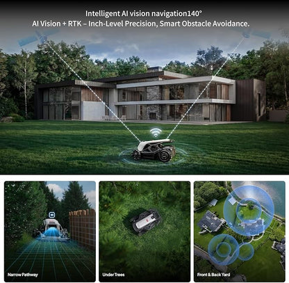 TRON SE Robotic Lawn Mower for Up to 3/8 Acre,No Perimeter Wire | FlowCut Mulching Wire-Free w/ 140° AI Vision With nRTK V-SLAM,Auto Mapping,AI Obstacle Avoidance, Smart App Control,65% Slope