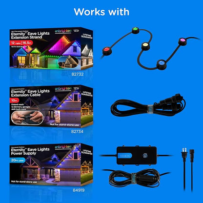 Enbrighten Eternity Permanent Outdoor Lights, 100ft with 72 RGBWIC LED Lights, App‑Controlled, Cuttable, Christmas, Accent & Year‑Round Eave Lighting, Works with Alexa & Google Home, 82730