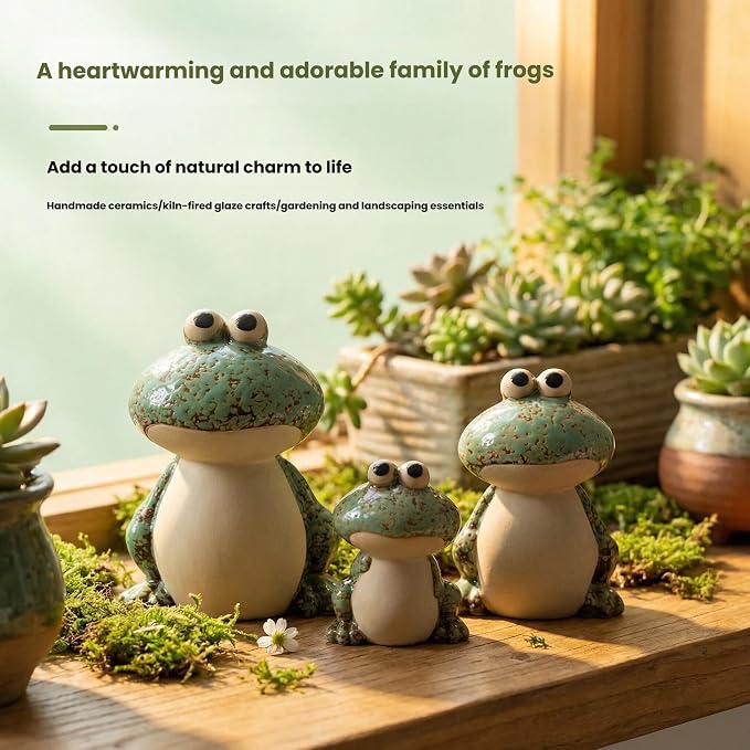 Frog Garden Decor Set of 3,Funny Cute Ceramic Frog Garden Statues Yard Decoration Outdoor Holiday Decorations,Ideal Ornament for Outside Pond Pool Patio Front Porch Backyard (Green)
