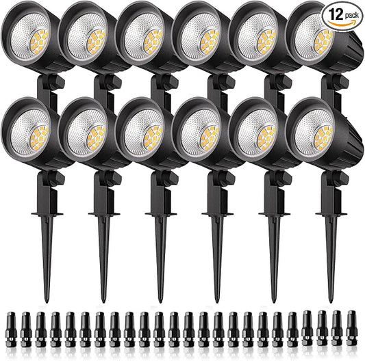 Low Voltage Landscape Lighting, 15W LED Landscape Spotlights with Connectors 12V-24V AC/DC 3000K IP66 Waterproof Warm White Spotlights for Yard Garden Pathway Outdoor (12 Pack)