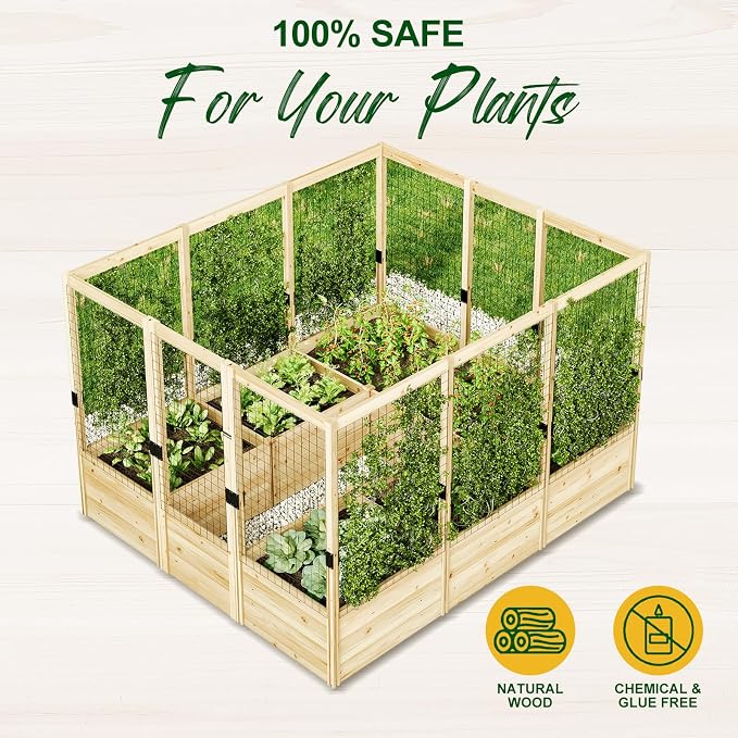 AMERLIFE Raised Garden Bed with 19" Depth Planter Box, Outdoor Wooden Raised Garden Bed Planter with Deer Proof Fence, 7.5Wx9Dx6H, for Vegetables, Flowers and Herbs