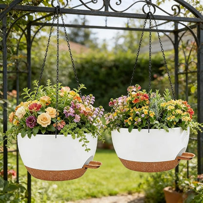 12" Self Watering Hanging Planters with Chains, White Brown, 2 Pack | 43 Oz removable self-watering reservoir, for indoor/outdoor plants, patio & garden