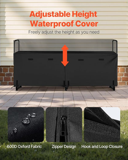 VEVOR Firewood Rack with Waterproof Cover, 8.4 ft Outdoor Firewood Holder, 1/2 Cord Storage Metal Log Holder, 660lb Max Weight Capacity, Top Covered, Powder-Coated Wood Storage Rack for Fireplace Deck