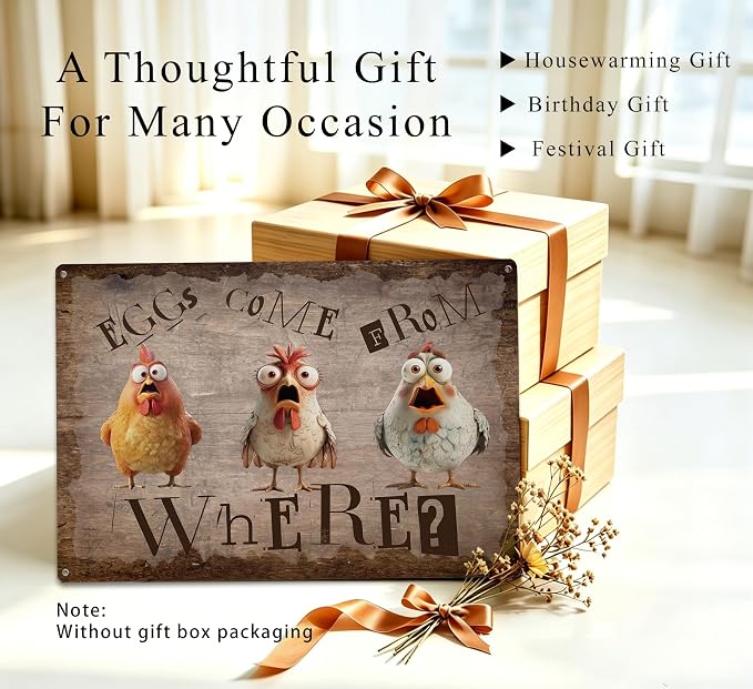 Funny Chicken Metal Sign, Rustic Farmhouse Eggs Come From Where Wall Decor, Humorous Hen Rooster Art Plaque for Chicken Coop Home Farm Kitchen Decor 8x12 Inch
