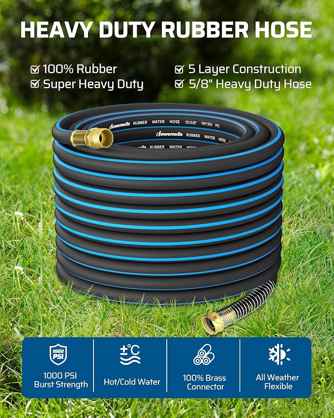 DEWENWILS 5/8" x 75FT Heavy Duty Garden Hose, 300psi Working & 1000psi Burst, Solid Brass 3/4" GHT Fittings, Hot/Cold Water, 5 Layer Construction, Rubber Water Hose for Yard, Garden, Lawn