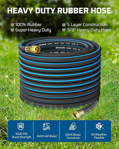 DEWENWILS 5/8" x 75FT Heavy Duty Garden Hose, 300psi Working & 1000psi Burst, Solid Brass 3/4" GHT Fittings, Hot/Cold Water, 5 Layer Construction, Rubber Water Hose for Yard, Garden, Lawn