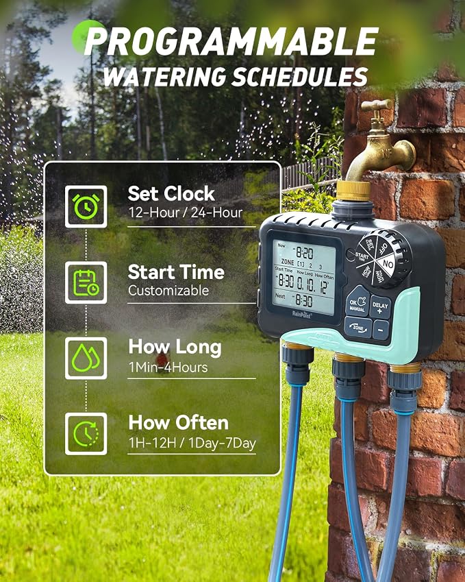 RAINPOINT 3 Zone Water Timer with Brass Inlet & Outlet, 3 Custom Watering Plans Sprinkler Timer, Featuring IP65 Waterproof,Rain Delay, Manual & Automatic Watering with Large LCD for Yard, 2026 Ver.