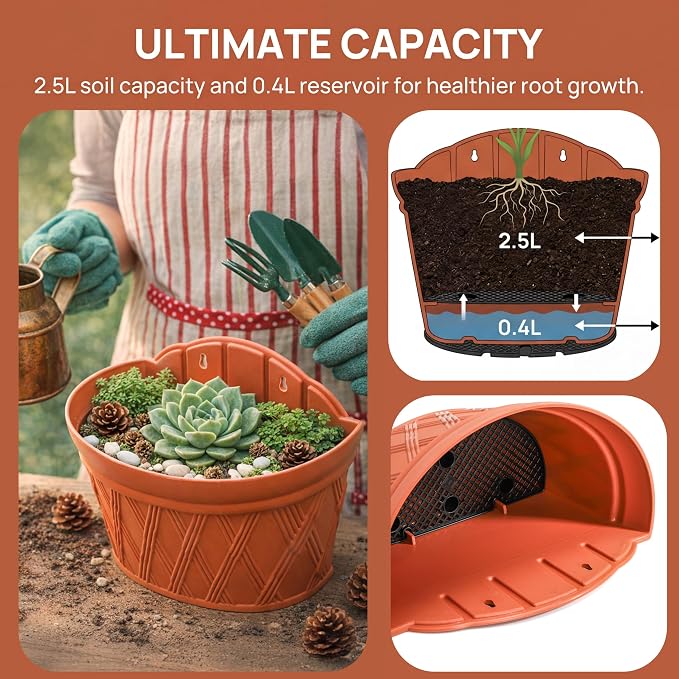 4 Pack Plastic Wall Hanging Planter, 11.4 In Plant Holder for Indoor Outdoor Plant, Large Wall Plant Pot with 8 Hooks Drainage Mesh, Railing Resin Pots for Vertical Garden Living Balcony Fence
