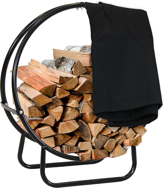 Sunnydaze 24-Inch Firewood Rack with Cover - Black Indoor Firewood Holder - Log Holder Hoop and Cover Set - 300-lb Capacity