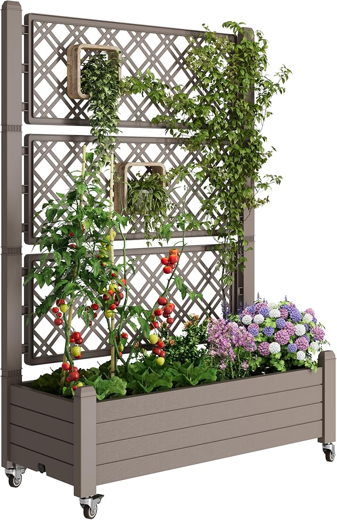 Fancyango Raised Garden Bed with Wheels 61.2" H -Gray | Resin Elevated Garden Planter Box with Trellis, Outdoor Planter Box for Veggies Herbs Patio Balcony Backyard