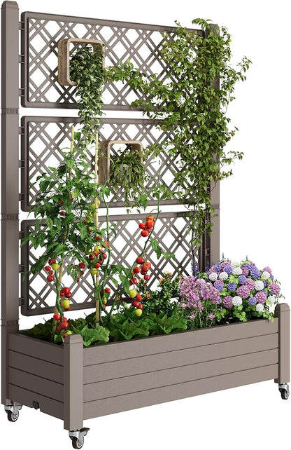 Fancyango Raised Garden Bed with Wheels 61.2" H -Gray | Resin Elevated Garden Planter Box with Trellis, Outdoor Planter Box for Veggies Herbs Patio Balcony Backyard