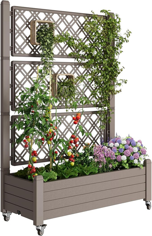 Fancyango Raised Garden Bed with Wheels 61.2" H -Gray | Resin Elevated Garden Planter Box with Trellis, Outdoor Planter Box for Veggies Herbs Patio Balcony Backyard