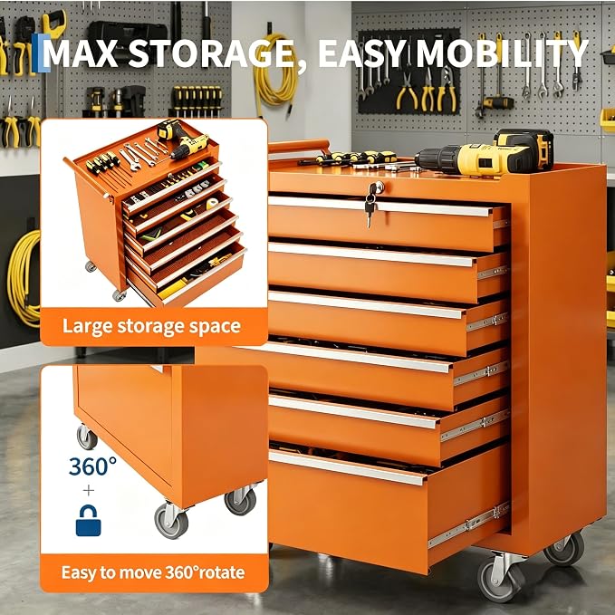 IDEALHOUSE Rolling Tool Chest, 6 Drawers Tool Storage Cabinet, Toolbox with Wheels, Portable Tool Cabinet Organizer with Locking System & Drawer Liners, Tool Storage Cart for Garage, Workshop, Orange