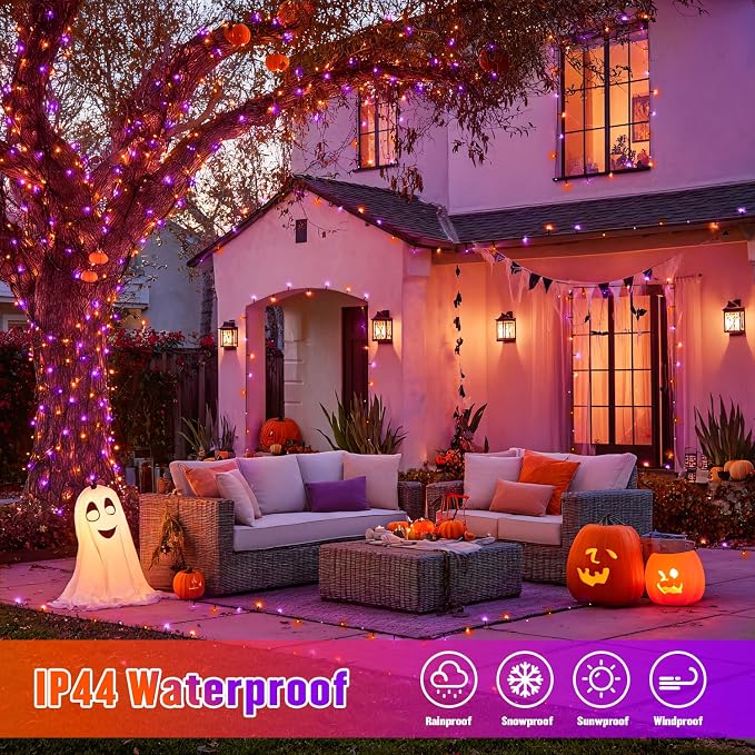JMEXSUSS 2 Pack Solar Halloween Lights Orange and Purple, Total 200LED 66FT | Halloween Lights Outdoor Waterproof, 8 Modes Solar String Lights for Outside Patio Christmas Tree Yard Halloween Decor