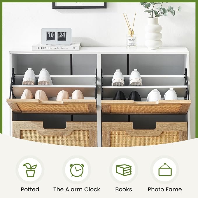 coucheta 4 Flip Drawers Shoe Storage Cabinet, Rattan Shoe Organizer with Metal Legs, Freestanding Narrow Shoe Rack Cabinet for Entryway, White