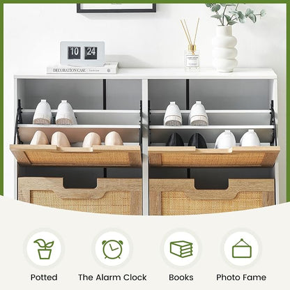 coucheta 4 Flip Drawers Shoe Storage Cabinet, Rattan Shoe Organizer with Metal Legs, Freestanding Narrow Shoe Rack Cabinet for Entryway, White