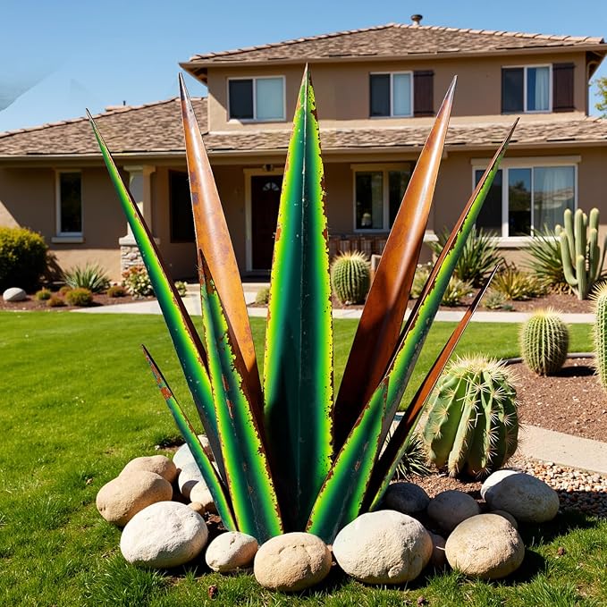 KODIBO 24” Metal Agave Plant Outdoor Decor, Large Yard Art, Vintage Green | Weather-Resistant Metal, Hand-Painted Finish, Desert Steel Yard Art, Tequila Rustic Sculpture, Garden Decor for Outside