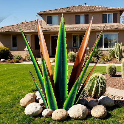 KODIBO 24” Metal Agave Plant Outdoor Decor, Large Yard Art, Vintage Green | Weather-Resistant Metal, Hand-Painted Finish, Desert Steel Yard Art, Tequila Rustic Sculpture, Garden Decor for Outside