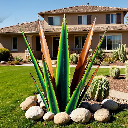 KODIBO 24” Metal Agave Plant Outdoor Decor, Large Yard Art, Vintage Green | Weather-Resistant Metal, Hand-Painted Finish, Desert Steel Yard Art, Tequila Rustic Sculpture, Garden Decor for Outside
