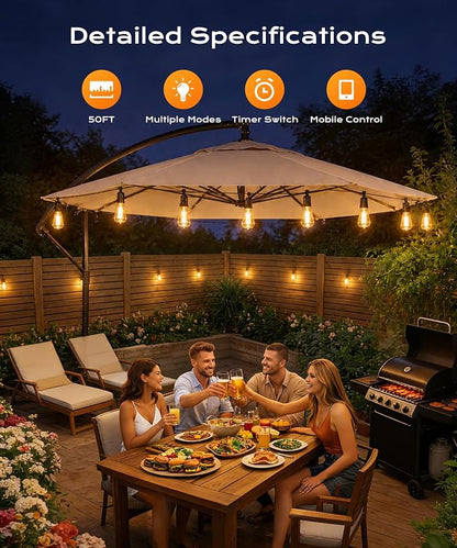 Outdoor String Lights, 50FT Patio Lights for Outside, Smart App & Remote Control with Timer, Dimmable with 4 Scene Modes, Warm White Waterproof LED Bulbs for Garden, Yard and Backyard Decor