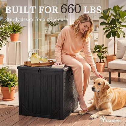 YITAHOME 150 Gallon Large Outdoor Storage Box w/Double Wall | Waterproof Deck Box with Hydraulic Piston for Garden Tools, Pool Accessories & Cushions, Resin Deck Organizer with Bench