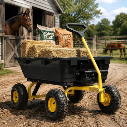 Wheelbarrow Garden Dump Cart Wagon, Yellow | Upgrade 10" All Terrain Pneumatic Tires,DIY Expansion over 900LBS Capacity, Transportation in Yard, Farm, Garden