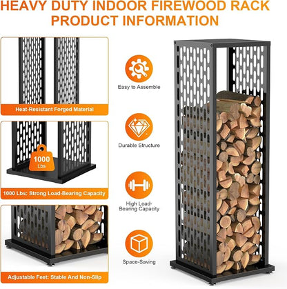 4ft Firewood Rack, Wood Stacker Firewood Outdoor, Black Metal, 1000 lbs Capacity, Indoor Decorative Wood Holder for Woodshed, Storeroom, Patio, Basement (Ellipticalhole)