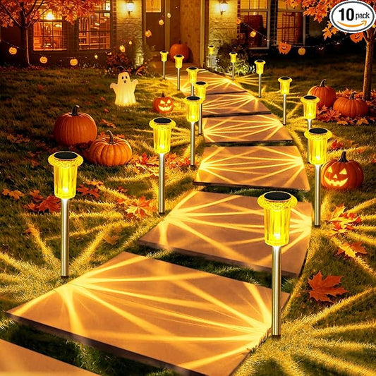 DenicMic Solar Halloween Lights Outdoor Fall Decorations Orange LED 10 Pack | Yard Garden Pathway Walkway Patio Diamond-like Style Starburst Light Pattern, Acrylic/Stainless Steel, Autumn/Halloween Decor