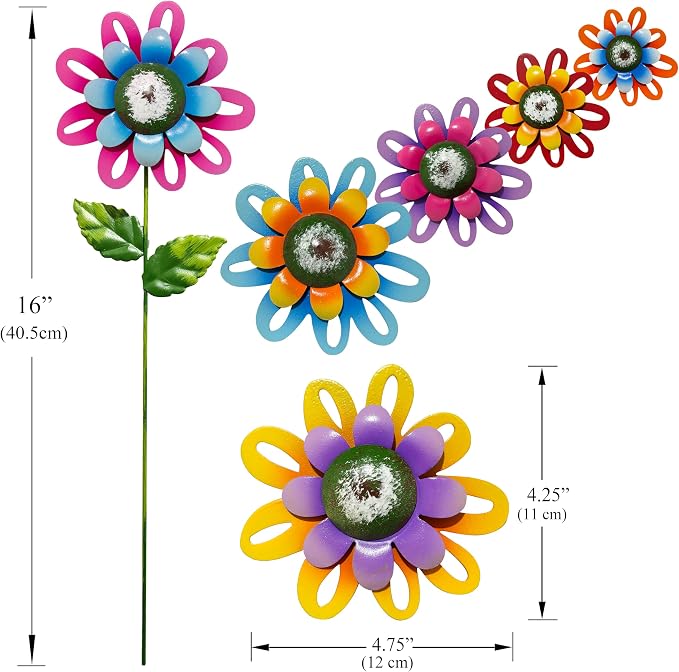 Metal Flower Garden Stakes Set of 6, Outdoor Yard Art Decorations, Hand-Painted Flower with Shaking Head Lawn Stakes for Garden, Patio, Flower Bed, Spring Summer Outdoor Decor