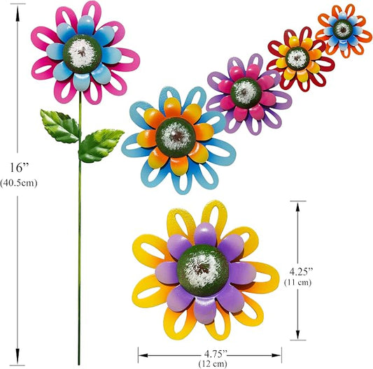 Metal Flower Garden Stakes Set of 6, Outdoor Yard Art Decorations, Hand-Painted Flower with Shaking Head Lawn Stakes for Garden, Patio, Flower Bed, Spring Summer Outdoor Decor