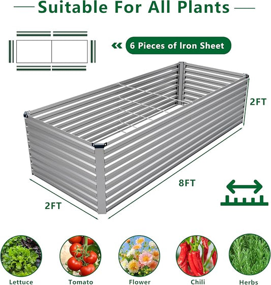 DIIYIV Galvanized Raised Garden Bed Kit Outdoor Patio,8x2x2ft Large Rectangular Metal Planter Boxes,Deep Root Box Planter for Gardening,Vegetables,Flowers,Herbs-Silver