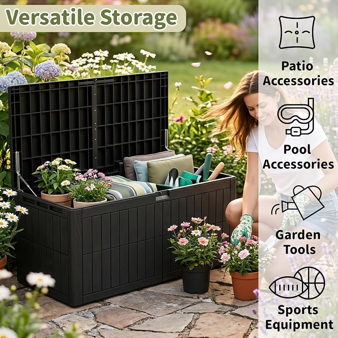 220 Gallon Outdoor Storage Box, Waterproof Lockable Deck Box | Resin Storage Bin for Patio Furniture Cushions, Garden Tools, Pool Supplies Organization, Indoor & Outdoor Use
