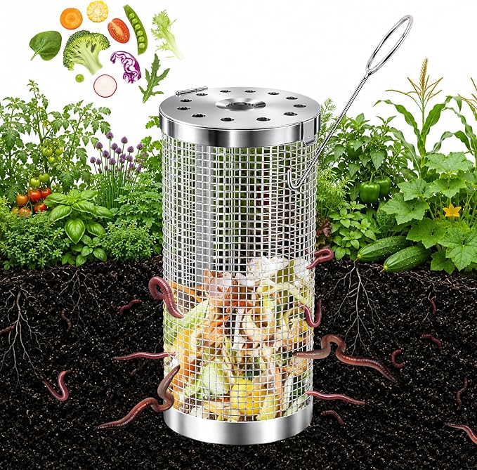 Worm Composter Worm Bin, Stainless Steel In Ground Compost Bin with Quick-Open Lid, Metal Worm Tower Composting System for Garden Beds, Underground Worm Farm, Outdoor Garden Vermicomposting Bin